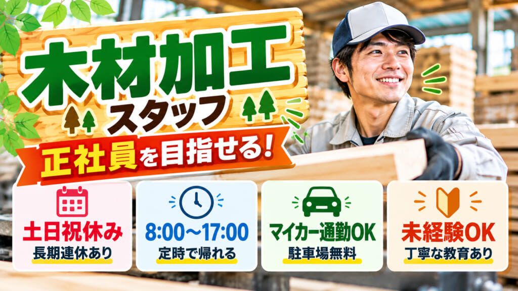 【正社員を目指せる！】木の香りに囲まれて働こう！未経験から始める木材加工スタッフ